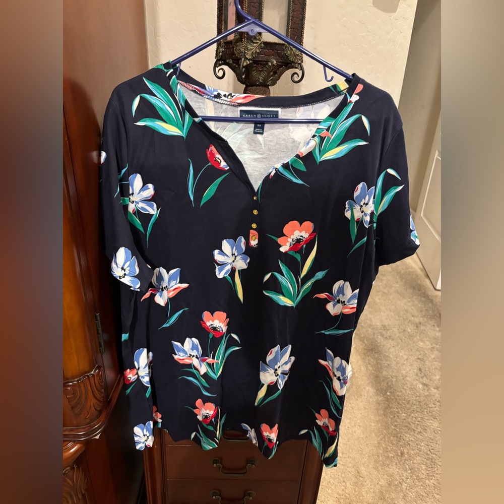 Karen Scott Navy Floral Henley Tunic with Blue, Green & Coral Blooms